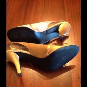 Nine West satin, sling back, tan/copper-ish heels